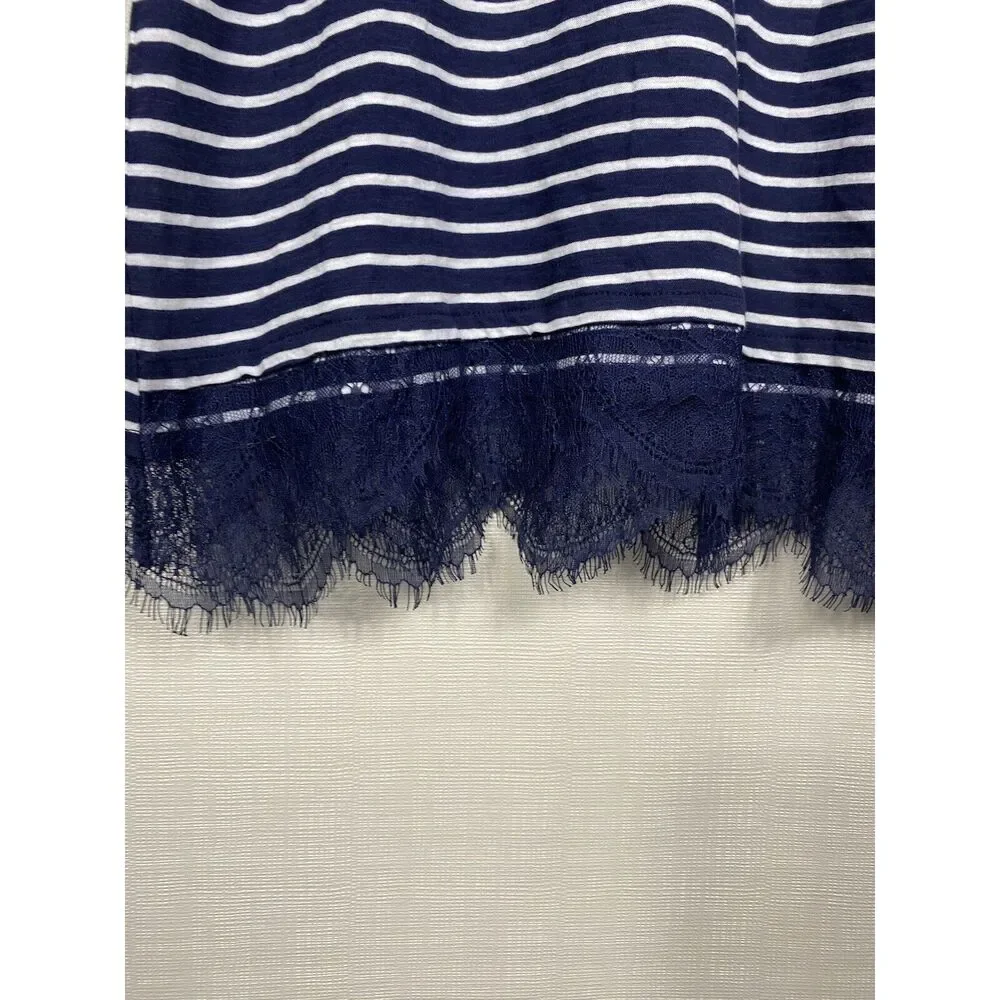 J. Crew Womens Top Sz L Lace Hem Short Sleeve‎ Blue White Stripe Nautical Preppy